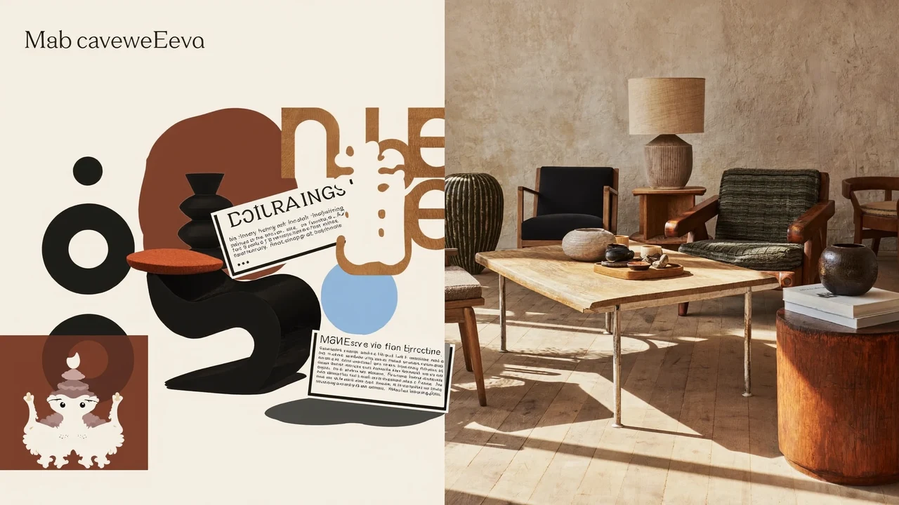 Illustrative Raumszene mit Konzeptmöbeln für ein ruhiges, materialbetontes Wohninterieur